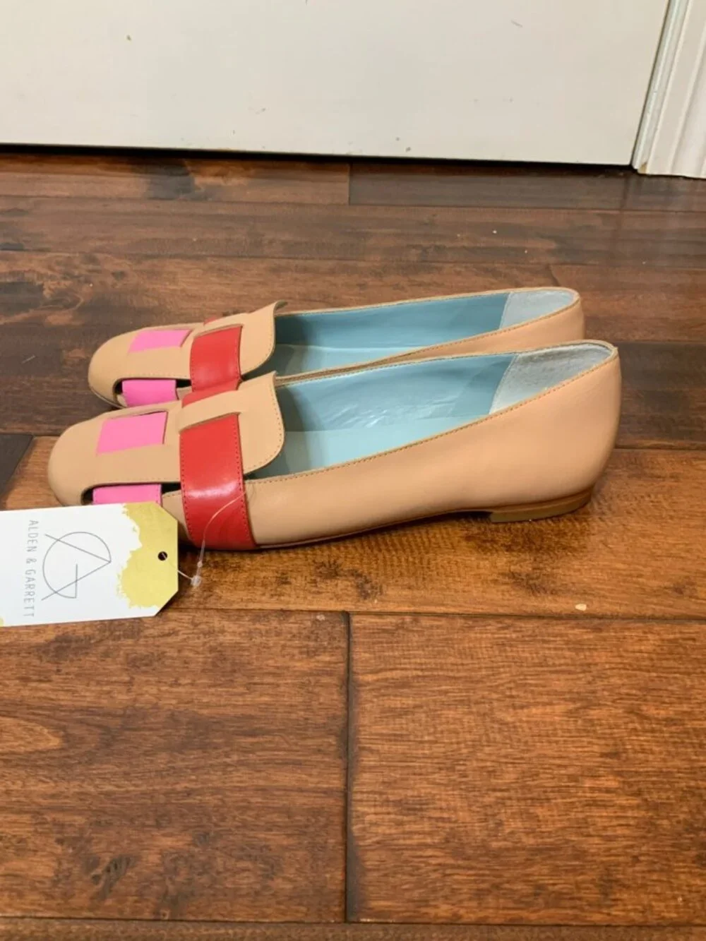 Frances Valentine Tan Pink Red Leather Color Block Loafers, Size 9.5